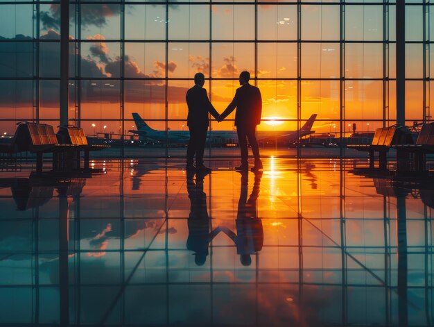 Two business men shaking hands in the airport lobby at sunset