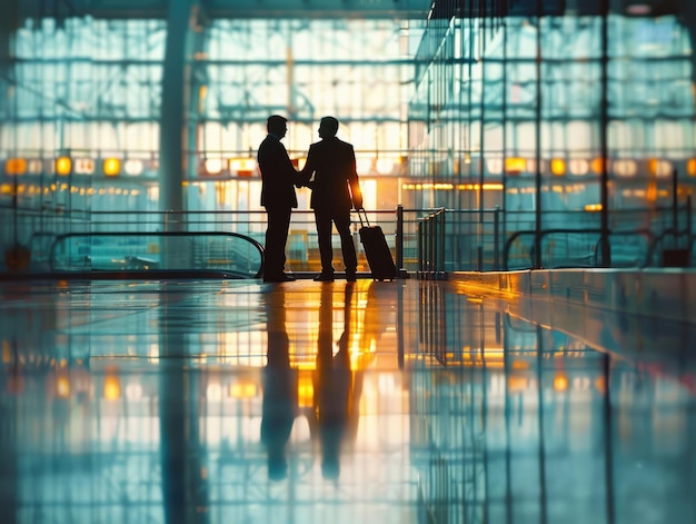 Two business men shaking hands in the airport lobby at sunset