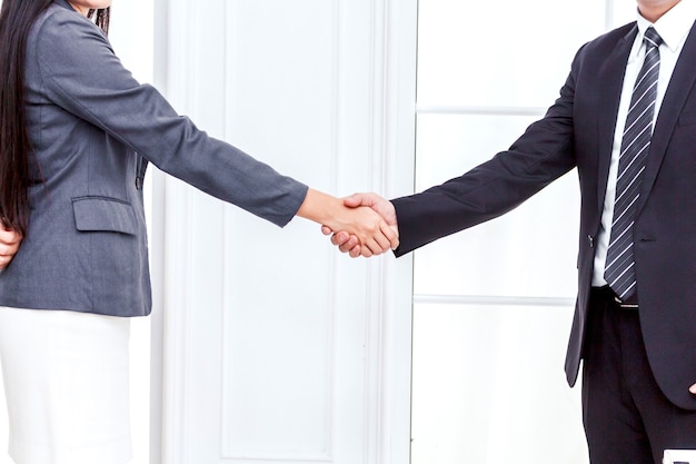 Two business partners shaking hands in office