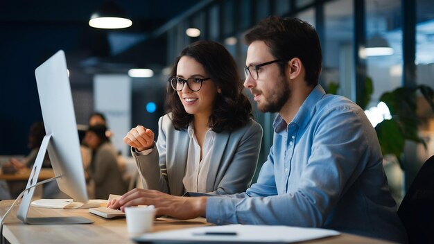 Two business partners working together in office on computer