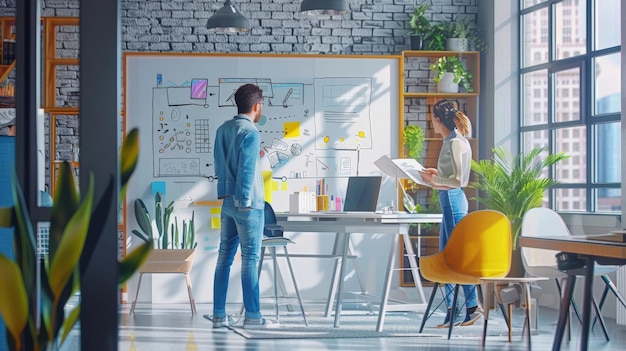 Two business people discussing ideas in a modern office