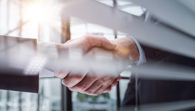 Two business people shaking hands in front of their colleagues