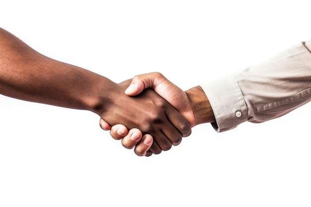 Two business people shaking hands white background Generative AI