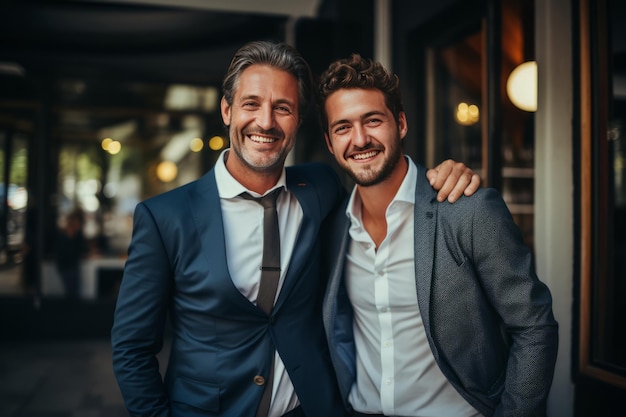 Photo two business people standing with each other in an office in business suit