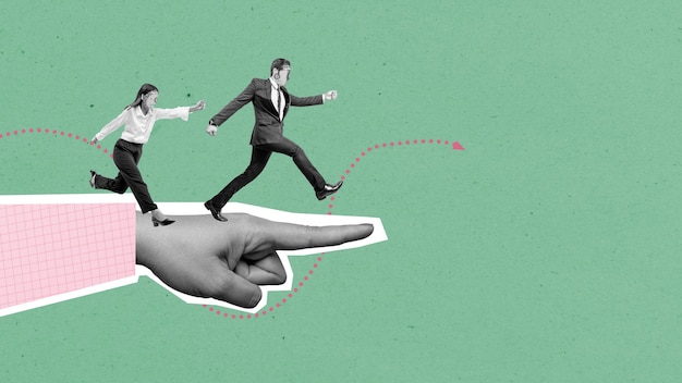Two business people walking on the human hand with the gesture of pointing ahead on a colored background