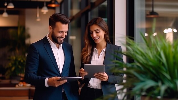 two business people working with tablet in office