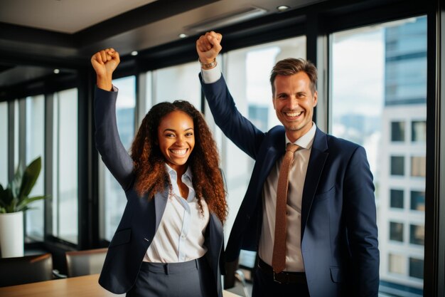 Photo two business professionals celebrating their success in an office