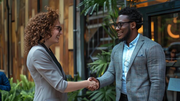 Two business professionals one man and one woman are meeting in a modern office space They are both smiling and shaking hands