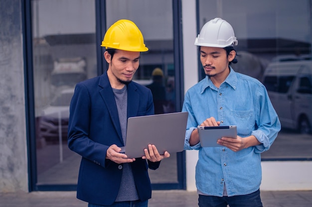 ターゲットとする建設計画の建物のための2つのビジネスマンまたはエンジニアの話のプロジェクト