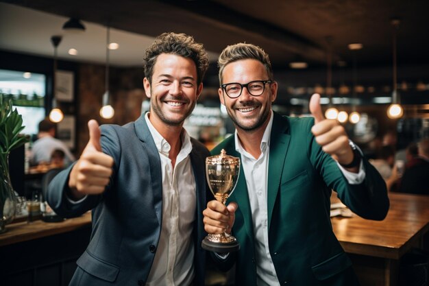 Photo two businessman holding a trophy celebrating successful business achievement