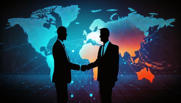 Two businessman investor handshake with effect global world map network link connection Generative ai