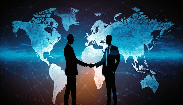 Photo two businessman investor handshake with effect global world map network link connection generative ai