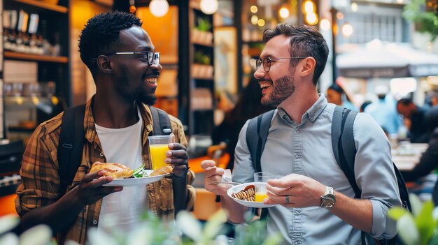 Photo two businessmen are enjoying lunch together at a restaurant they are both smiling and appear to be enjoying their conversation