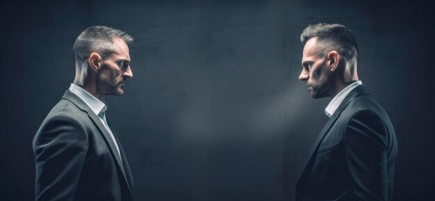 Photo two businessmen facing each other with aggressive facial expressions on a dark background copy space