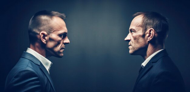 Photo two businessmen facing each other with aggressive facial expressions on a dark blue background copy space