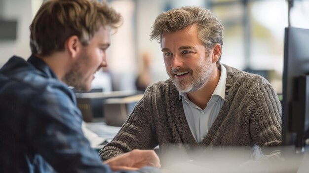 Two businessmen having a conversation in an office