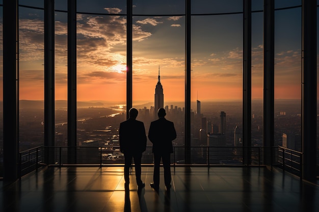 2人のビジネスマンがオフィスから日没を見ている