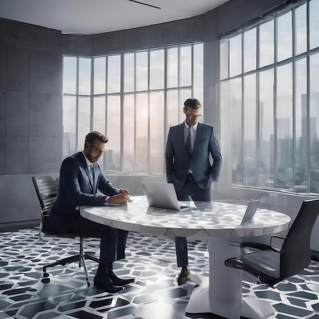 Two businessmen in modern office interior with gray and white walls hexagonal pattern floor big wh