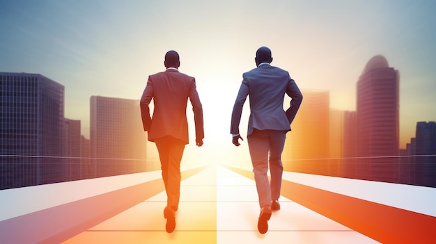 Two businessmen running on the roof of a building