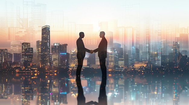 写真 背景に都市風景が映っている2人のビジネスマンが握手しているこの画像はダブルエクスポーズのスタイルです