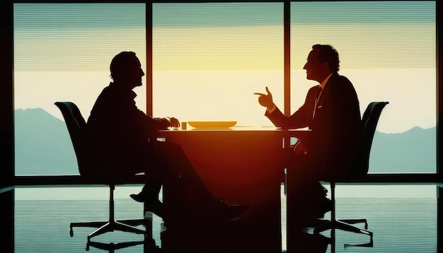 Two businessmen silhouettes negotiation in office across from panoramic window