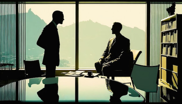 Two businessmen silhouettes negotiation in office across from panoramic window