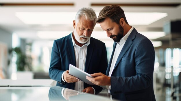 Photo two businessmen in suits looking at a tablet together in a modern office environment