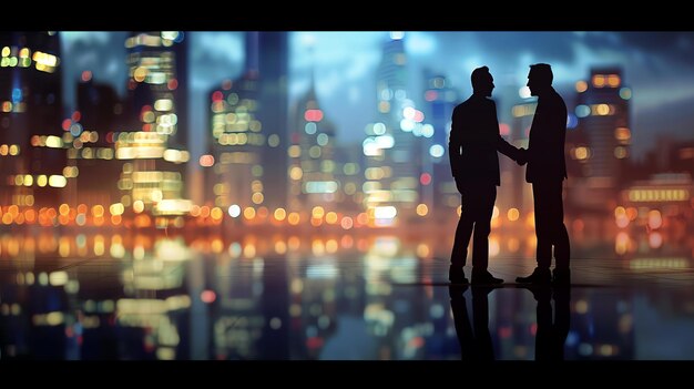 two businessmen in suits shaking hands with the cityscape in the background