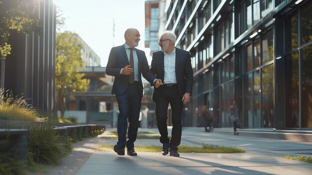 Two businessmen in suits walking and talking outdoors in a modern city