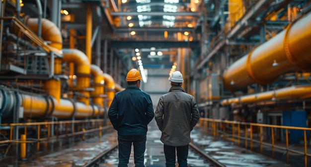 Two businessmen talking in a factory