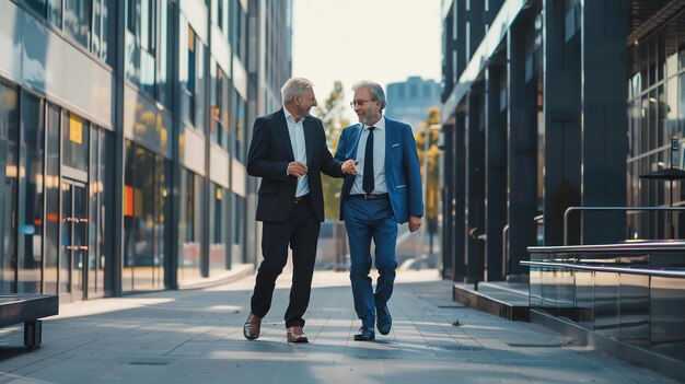 Two businessmen walking and talking in a modern city They are both wearing suits and ties The background is blurred