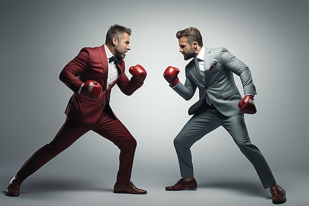 写真 スーツを着た2人のビジネスマンがボクシンググローブのビジネス競争相手と喧している
