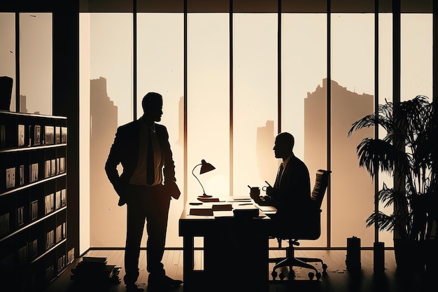 オレンジ色の窓の光のシルエットに対してオフィスで働く 2 人のビジネスマン