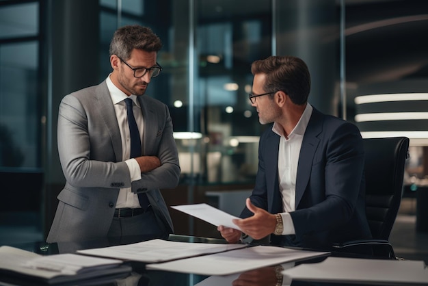 Two businessmen working together in a modern office