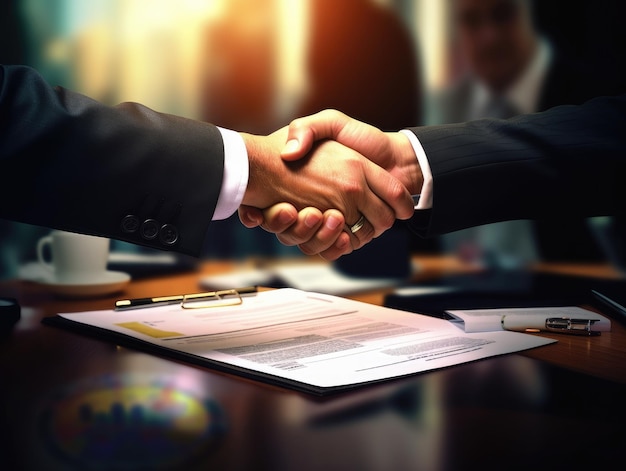 Two Businesspeople shaking hands with document background businessmen are agreeing on business together and shaking hands after a successful negotiation AI Generative