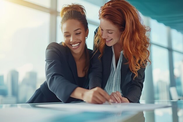 Two businesswomen discussing a project in an office