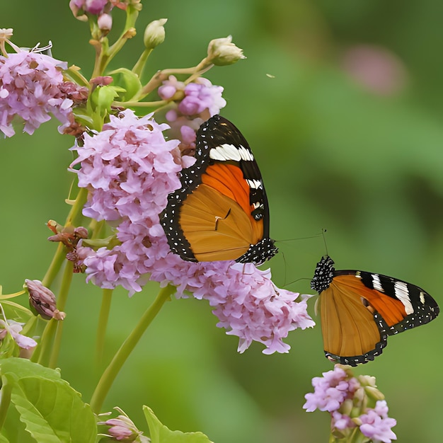 two butterflies are on a purple flower and one of them has a white stripe on the back