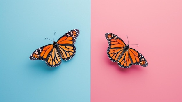 Two butterflies on blue and pink background