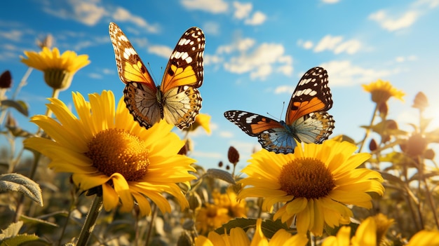自然主義の美的動物イラストのスタイルで夏の花畑を飛ぶ2匹の蝶