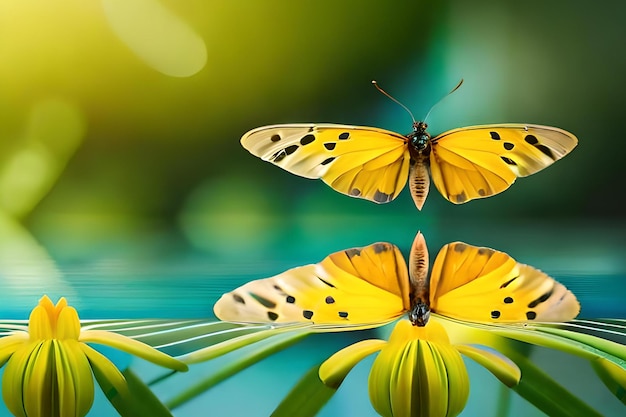 Two butterflies on a leaf with the word butterfly on the bottom