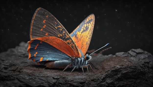 Two butterflies on a rock with a black background