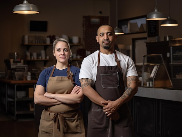 Photo two cafe owner wraparound aprons standing with crossed arms in a coffee shop generative ai