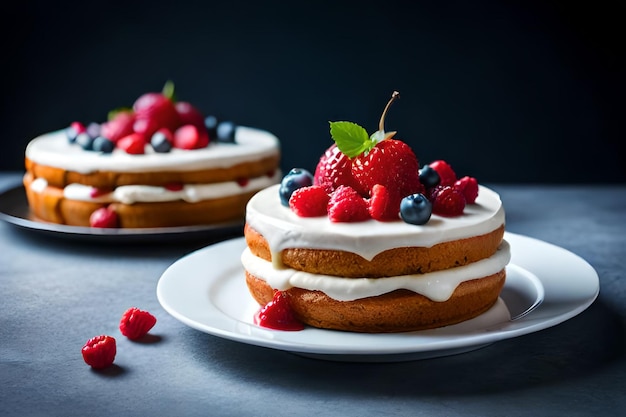 Two cakes with berries on top and a dark background