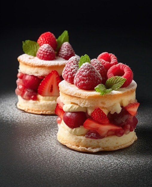 Two cakes with raspberries and a mint leaf on top