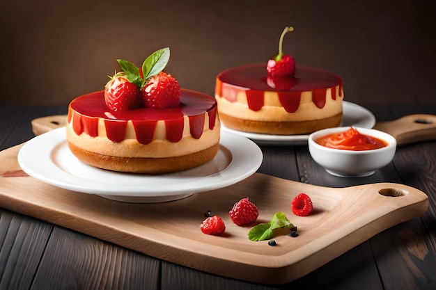 Two cakes with strawberry jam on a wooden board