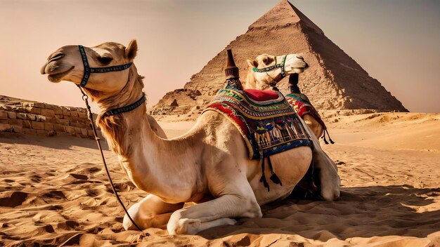 Two camels near the pyramid of chephren egypt