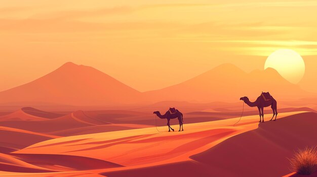 Фото Два верблюда идут по пустыне с заходящим солнцем на заднем плане