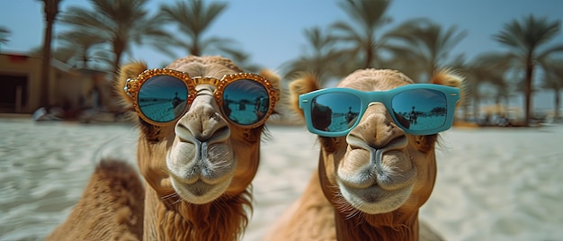 Photo a two camels wearing sunglasses on the beach