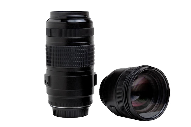 Two camera lenses on a white background