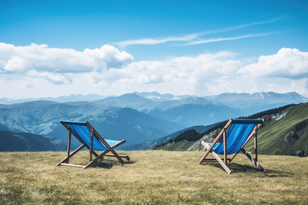 Two camping chairs at the foot of the high mountains Generative ai